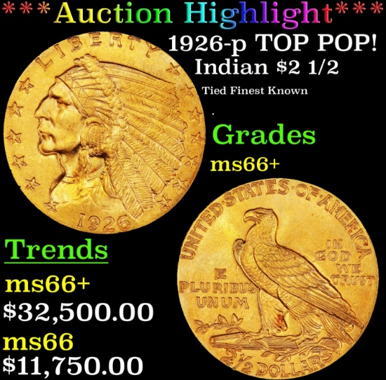 *Highlight* 1926-p Gold Indian Quarter Eagle TOP POP! $2 1/2 GEM++ Unc USCG (fc)