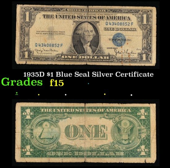 1935D $1 Blue Seal Silver Certificate Grades f+