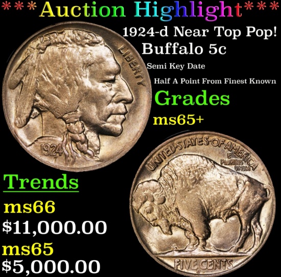 *Highlight* 1924-d Buffalo Nickel Near Top Pop! 5c ms65+ SEGS (fc)