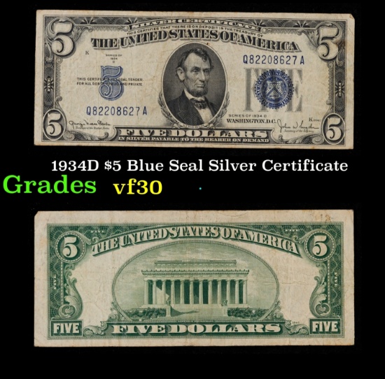 1934D $5 Blue Seal Silver Certificate Grades vf++