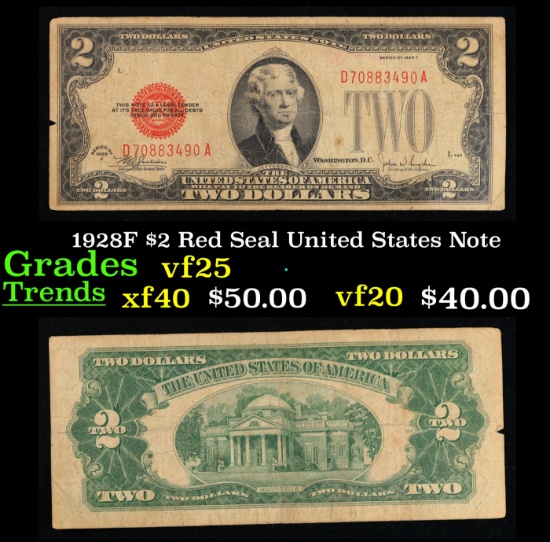 1928F $2 Red Seal United States Note Grades vf+