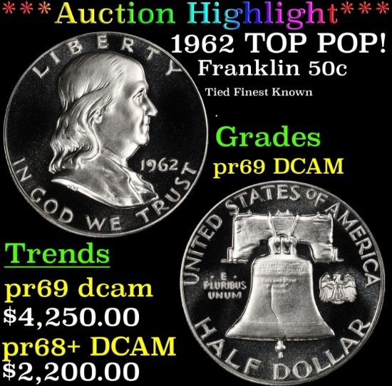 *Highlight* 1962 Proof Franklin Half Dollar TOP POP! 50c pr69 DCAM SEGS (fc)