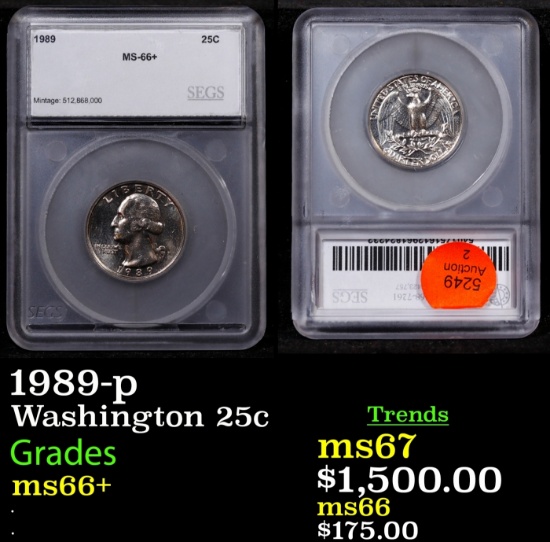 1989-p Washington Quarter 25c ms66+ SEGS