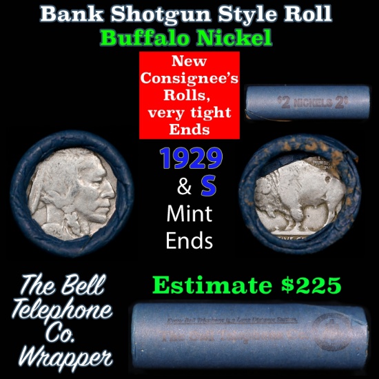 Buffalo Nickel Shotgun Roll in Old Bank Style 'Bell Telephone' Wrapper 1929 & s Mint Ends