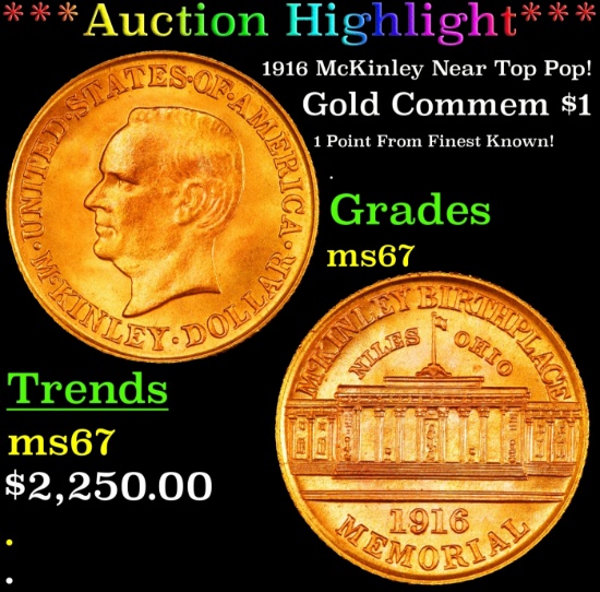 *Highlight* 1916 McKinley Gold Commem Dollar Near Top Pop! 1 ms67 SEGS (fc)