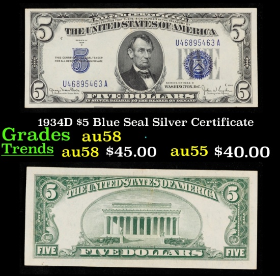 1934D $5 Blue Seal Silver Certificate Grades Choice AU/BU Slider
