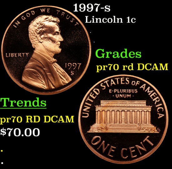 1997-s Proof Lincoln Cent 1c pr70 rd DCAM SEGS