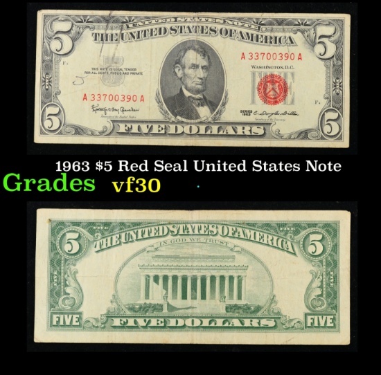1963 $5 Red Seal United States Note Grades vf++