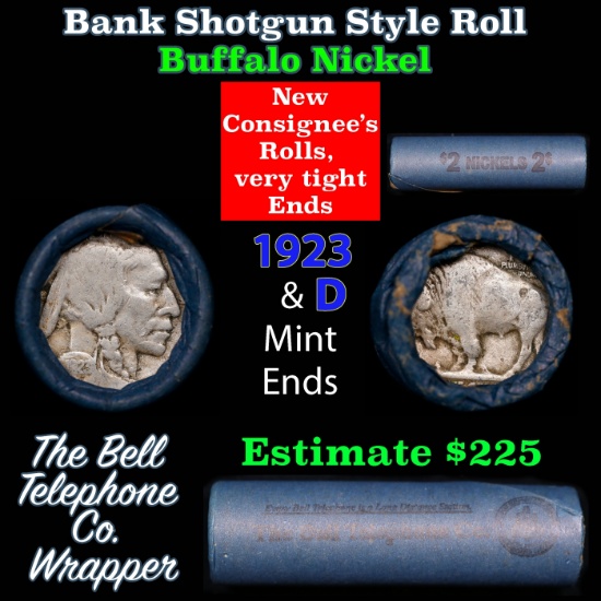 Buffalo Nickel Shotgun Roll in Old Bank Style 'Bell Telephone' Wrapper 1923 & d Mint Ends