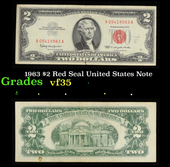 1963 $2 Red Seal United States Note Grades vf++