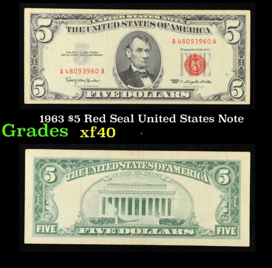 1963 $5 Red Seal United States Note Grades xf