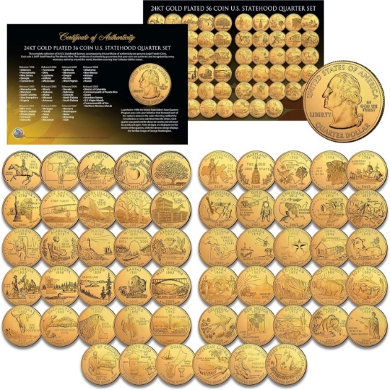 Complete 1999-2009 24K GOLD Clad State Quarters 56-Coin Set CherryWood Style Box