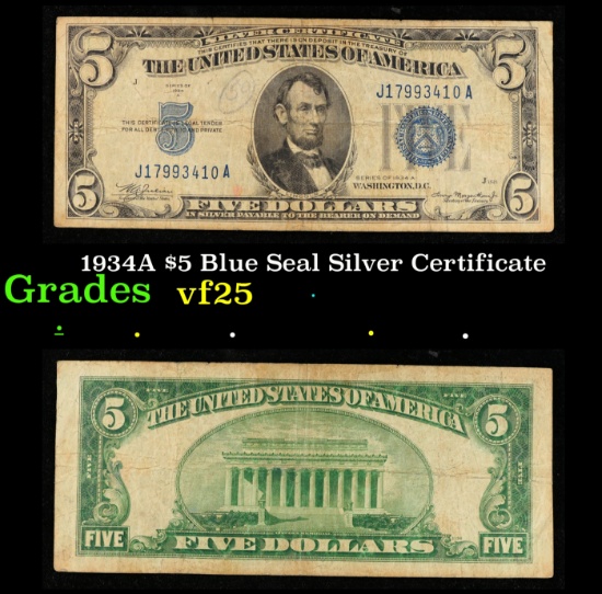 1934A $5 Blue Seal Silver Certificate Grades vf+