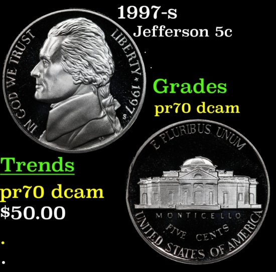 1997-s Proof Jefferson Nickel 5c pr70 dcam SEGS