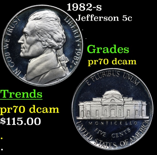 1982-s Proof Jefferson Nickel 5c pr70 dcam SEGS