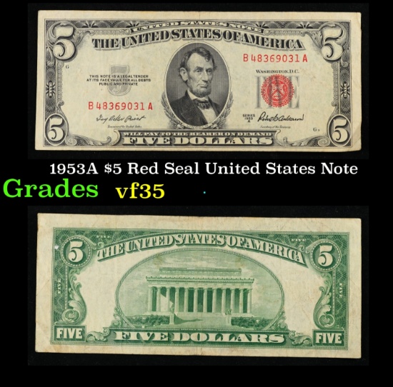 1953A $5 Red Seal United States Note Grades vf++
