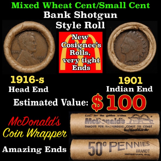 Small Cent Mixed Roll Orig Brandt McDonalds Wrapper, 1916-s Lincoln Wheat end, 1901 Indian other end