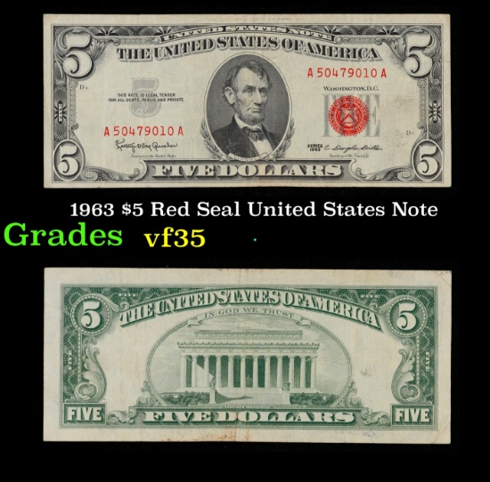 1963 $5 Red Seal United States Note Grades vf++