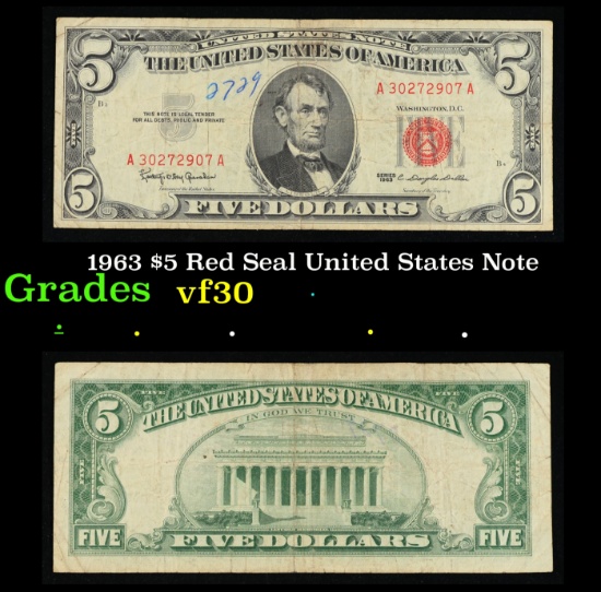 1963 $5 Red Seal United States Note Grades vf++