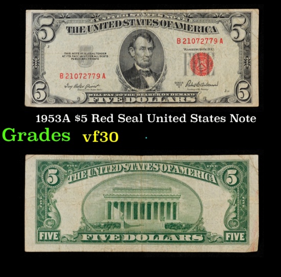 1953A $5 Red Seal United States Note Grades vf++