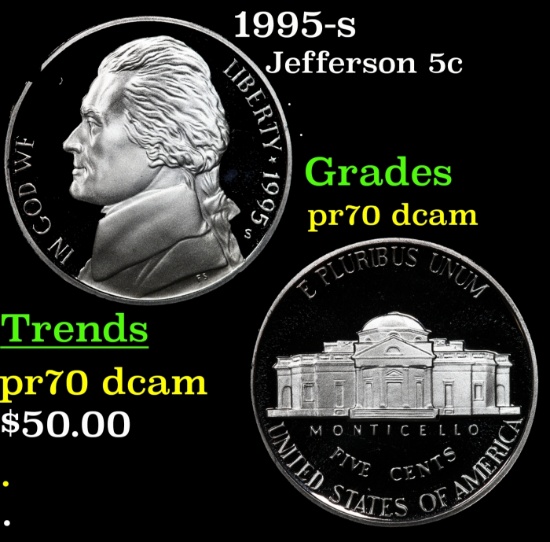 1995-s Proof Jefferson Nickel 5c pr70 dcam SEGS