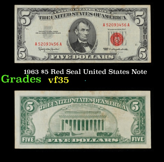 1963 $5 Red Seal United States Note Grades vf++