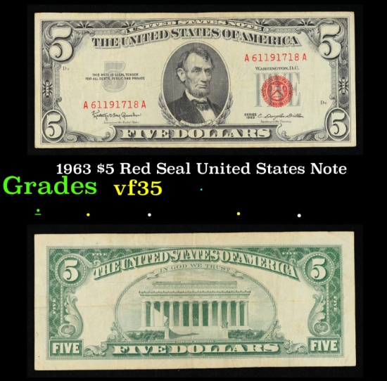 1963 $5 Red Seal United States Note Grades vf++