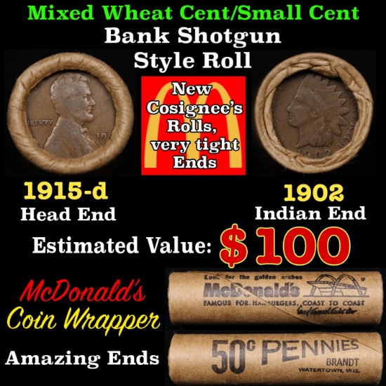 Small Cent Mixed Roll Orig Brandt McDonalds Wrapper, 1915-d Lincoln Wheat end, 1902 Indian other end