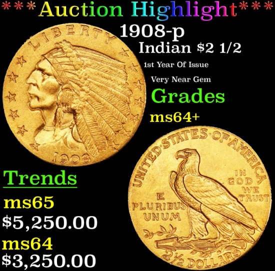 *Highlight* 1908-p Gold Indian Quarter Eagle $2 1/2 ms64+ SEGS (fc)