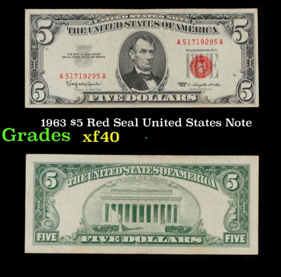 1963 $5 Red Seal United States Note Grades xf