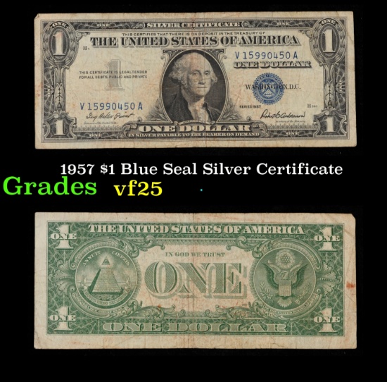 1957 $1 Blue Seal Silver Certificate Grades vf+