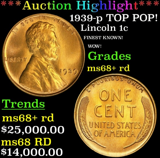 *Highlight* 1939-p Lincoln Cent TOP POP! 1c ms68+ rd SEGS (fc)