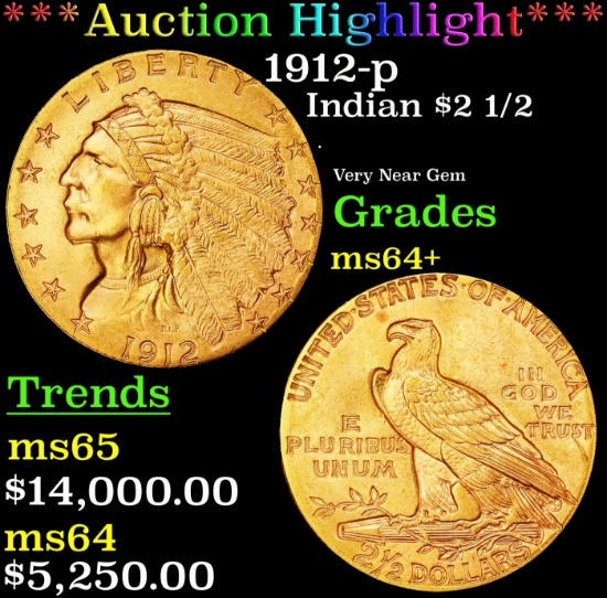 *Highlight* 1912-p Gold Indian Quarter Eagle $2 1/2 ms64+ SEGS (fc)