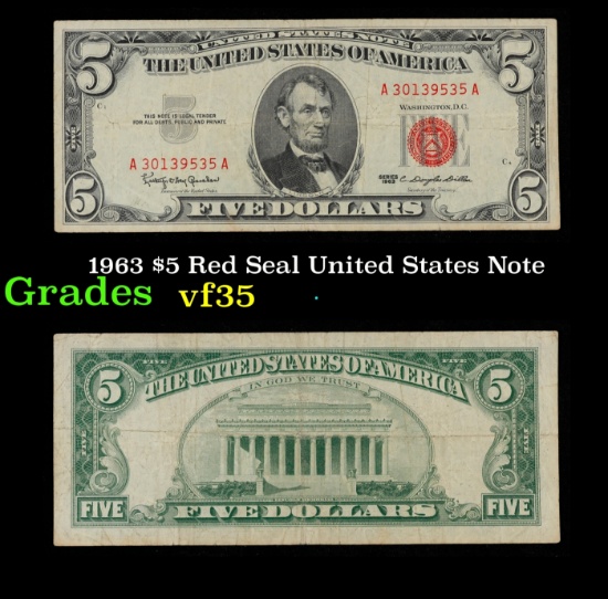 1963 $5 Red Seal United States Note Grades vf++