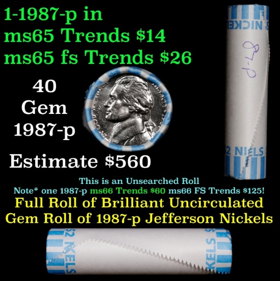 BU Shotgun Jefferson 5c roll, 1987-p 40 pcs Bank $2 Nickel Wrapper