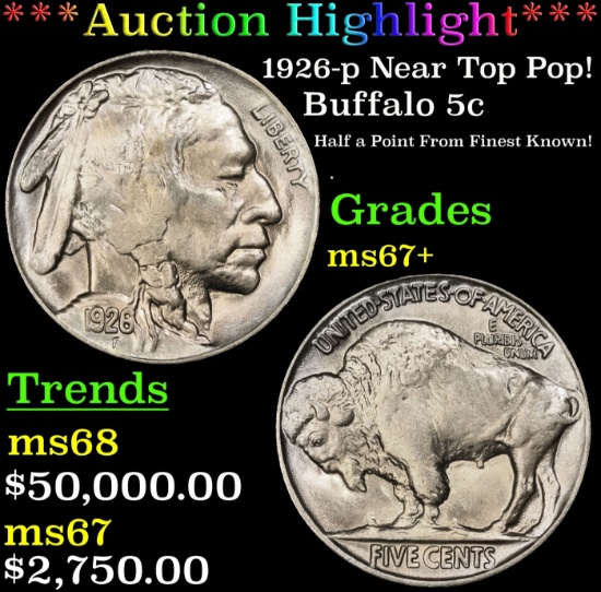 *Highlight* 1926-p Buffalo Nickel Near Top Pop! 5c ms67+ SEGS (fc)