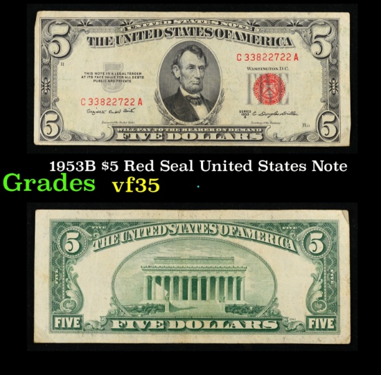 1953B $5 Red Seal United States Note Grades vf++