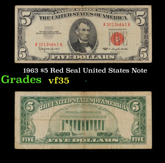 1963 $5 Red Seal United States Note Grades vf++