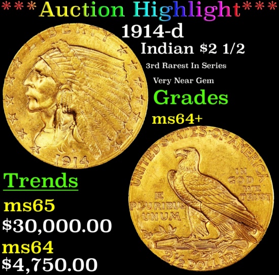 *Highlight* 1914-d Gold Indian Quarter Eagle $2 1/2 ms64+ SEGS (fc)