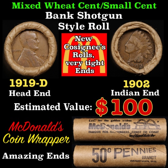 Small Cent Mixed Roll Orig Brandt McDonalds Wrapper, 1919-d Lincoln Wheat end, 1902 Indian other end