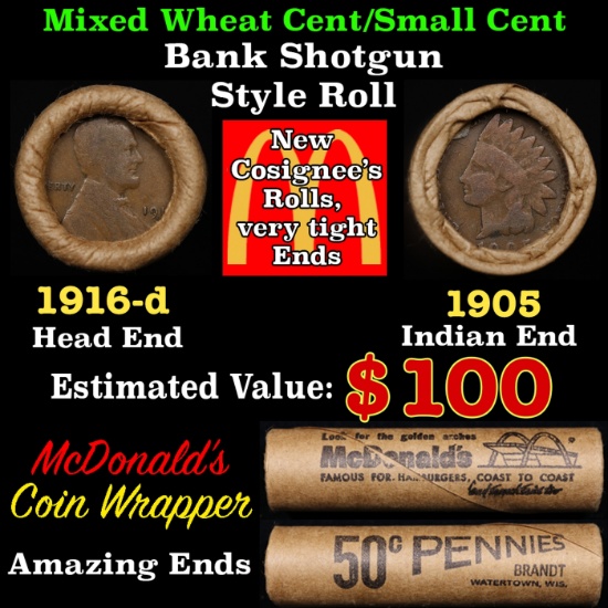 Small Cent Mixed Roll Orig Brandt McDonalds Wrapper, 1916-d Lincoln Wheat end, 1905 Indian other end