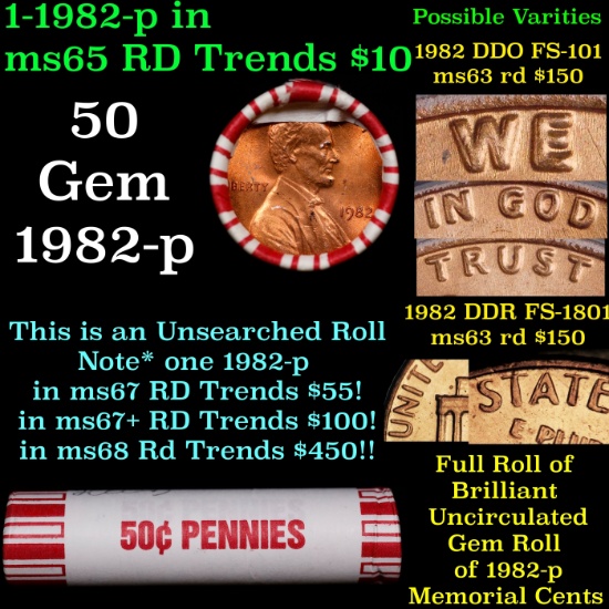 BU Shotgun Lincoln 1c roll, 1982-p 50 pcs Bank Wrapper 50c