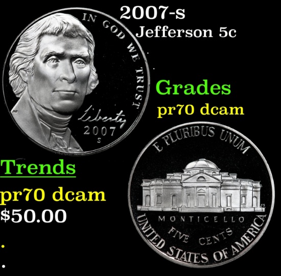 2007-s Proof Jefferson Nickel 5c pr70 dcam SEGS