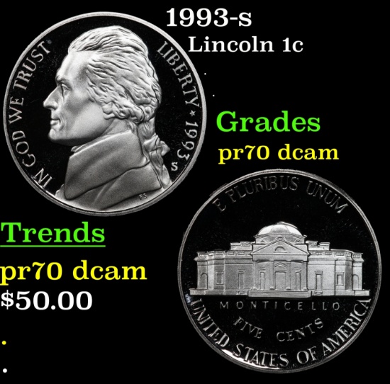 1993-s Proof Jefferson Nickel 5c pr70 dcam SEGS