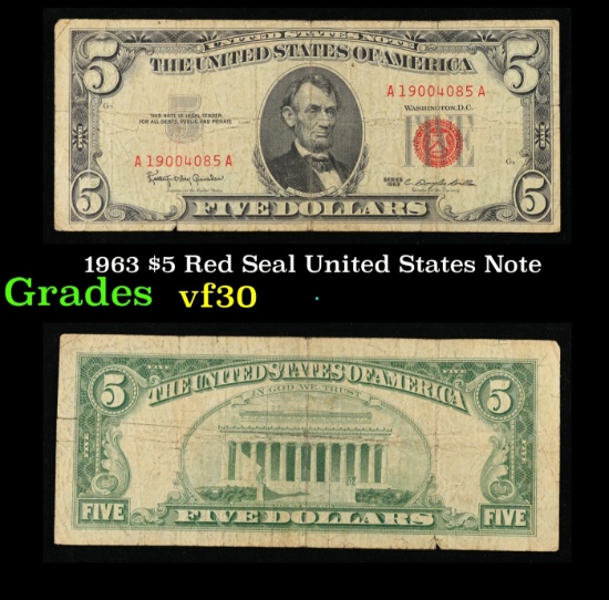 1963 $5 Red Seal United States Note Grades vf++