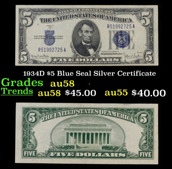 1934D $5 Blue Seal Silver Certificate Grades Choice AU/BU Slider