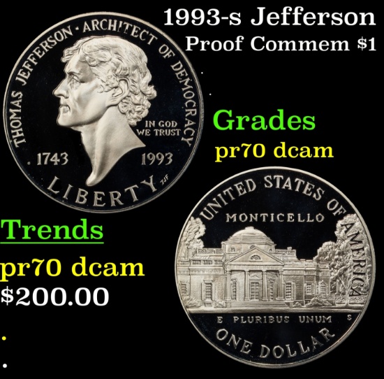 1993-s Jefferson Proof Modern Commem Dollar $1 pr70 dcam SEGS