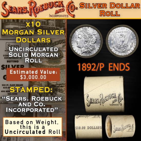 47- 10 Coin SEARS UNC Morgan Silver Dollar $1 Roll 1892/'P' Rev Ends