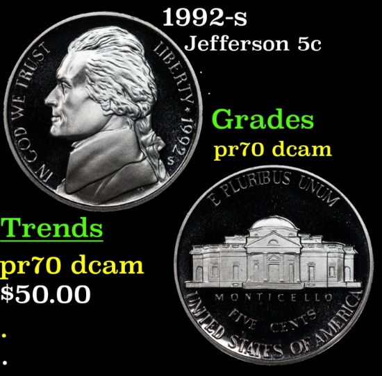 1992-s Proof Jefferson Nickel 5c pr70 dcam SEGS