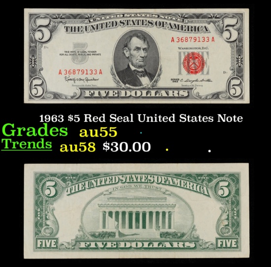 1963 $5 Red Seal United States Note Grades Choice AU